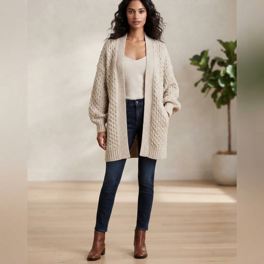 Banana Republic Cardigan Women S Beige Excellent Cashmere Blend Cable Knit Open